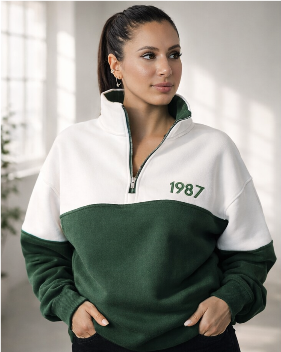 Classic Quarter-Zip Hoodie – Green & White
