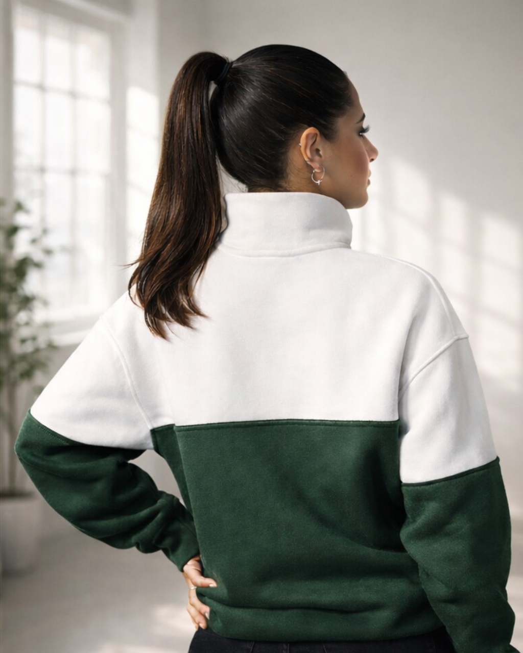 Classic Quarter-Zip Hoodie – Green & White